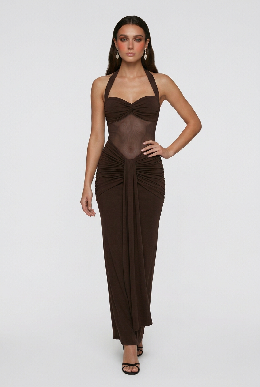 Beáta | Dark Brown Maxi Dress Featuring a Stylish Neckline