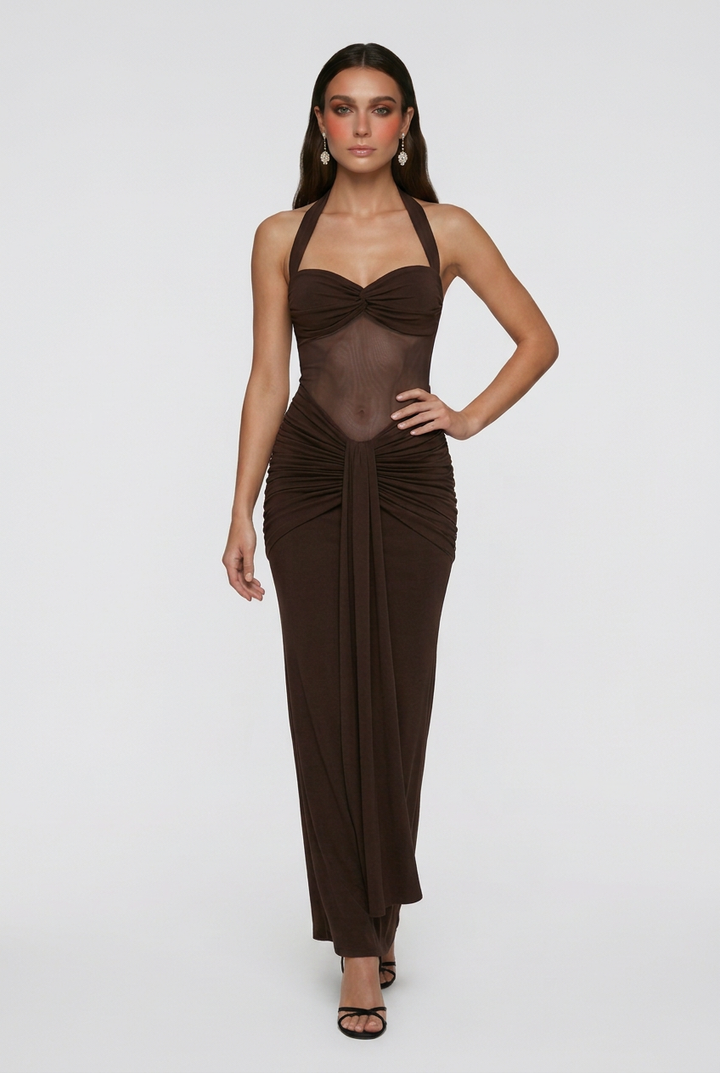 Beáta | Dark Brown Maxi Dress Featuring a Stylish Neckline