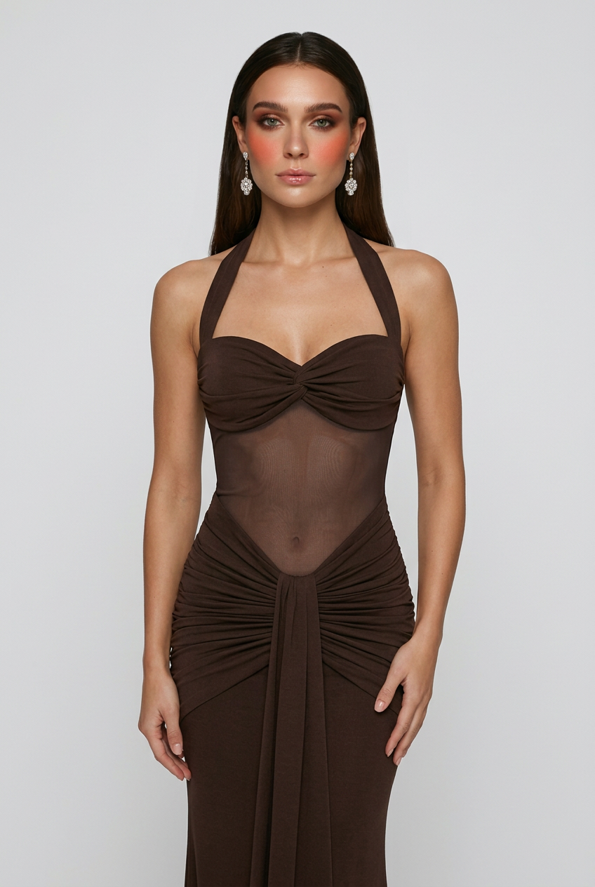 Beáta | Dark Brown Maxi Dress Featuring a Stylish Neckline