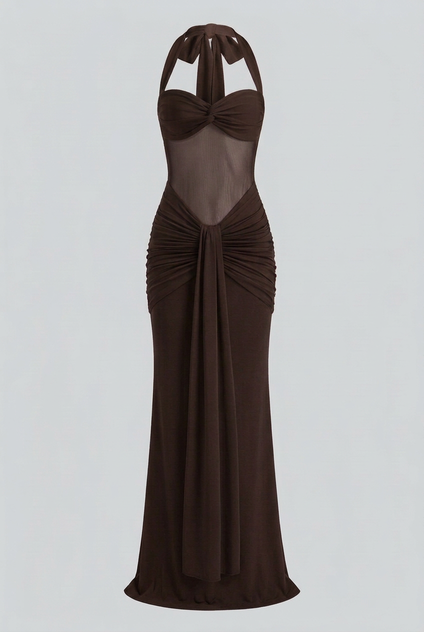 Beáta | Dark Brown Maxi Dress Featuring a Stylish Neckline