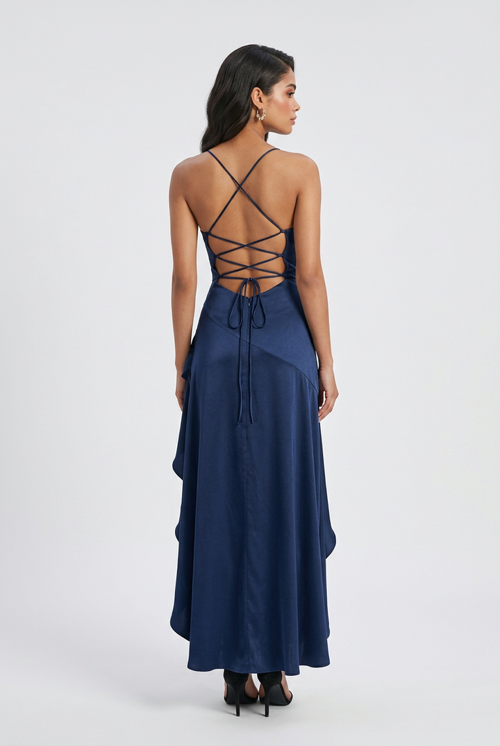Silvia | Open Back Dark Blue Maxi Dress