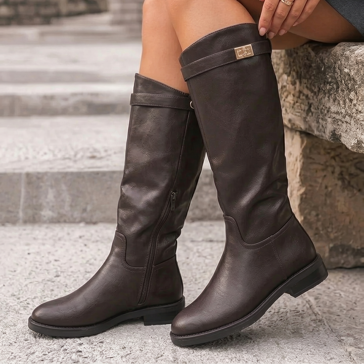 Flesh-Toned High Boots with Metallic Accents