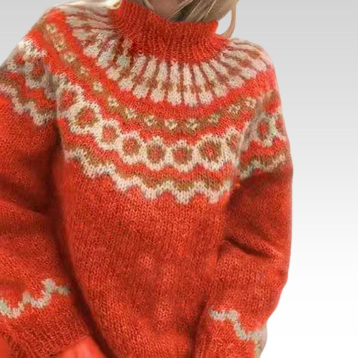 Earthy Toned Nordic Pattern Roll Neck Knitted Sweater