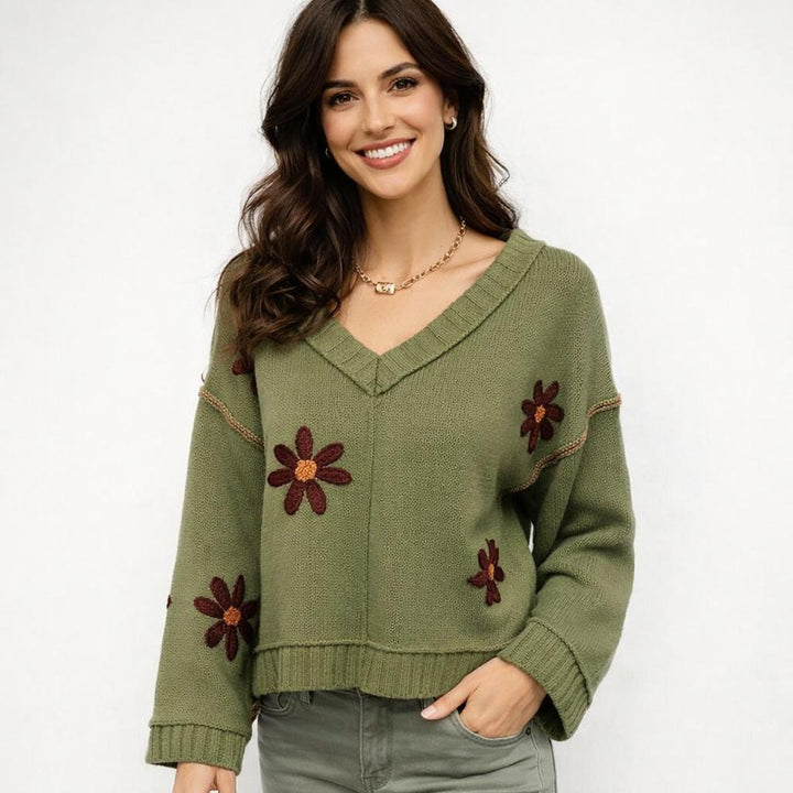 Cozy Loose-Fit V-Neck Sweater with Decorative Embroidery