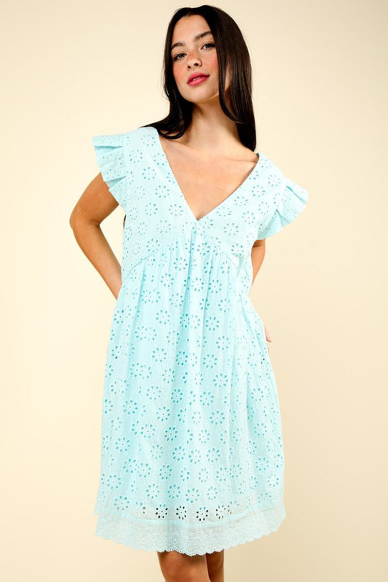 Lucia | Perforated Mini Dress with Ruffled Sleeves