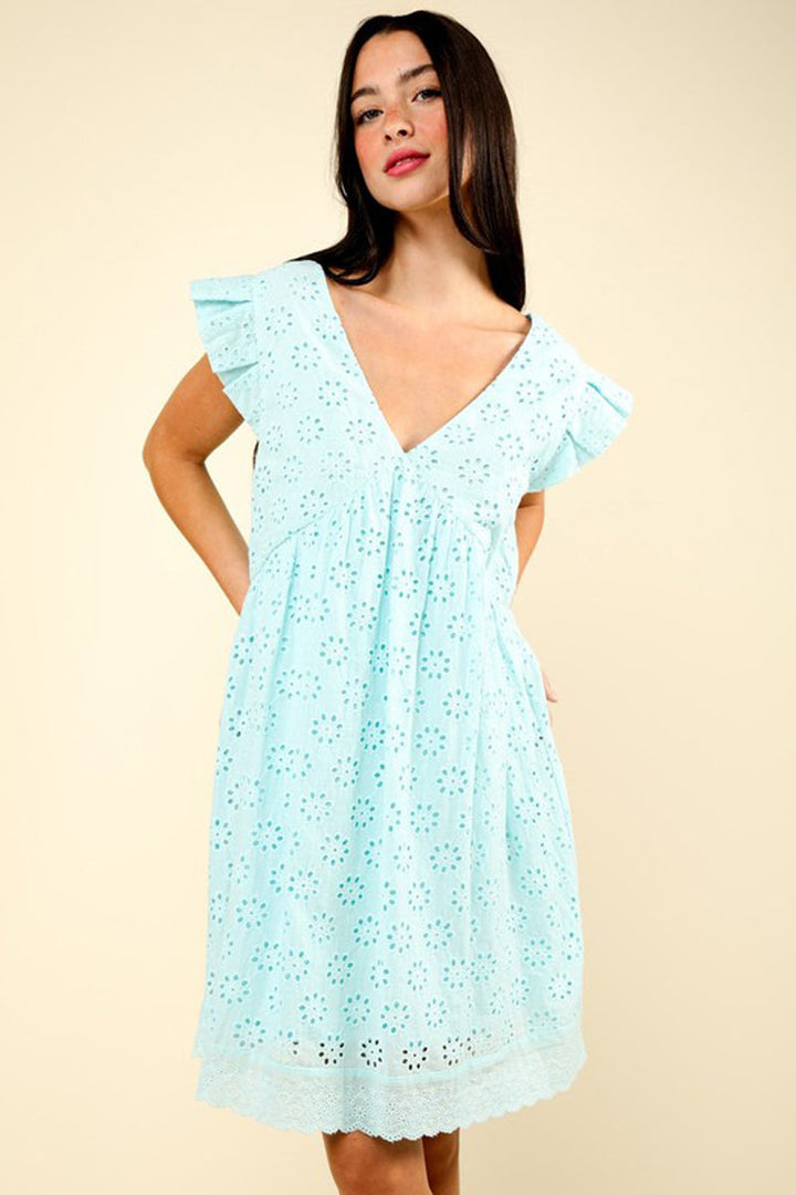 Lucia | Perforated Mini Dress with Ruffled Sleeves