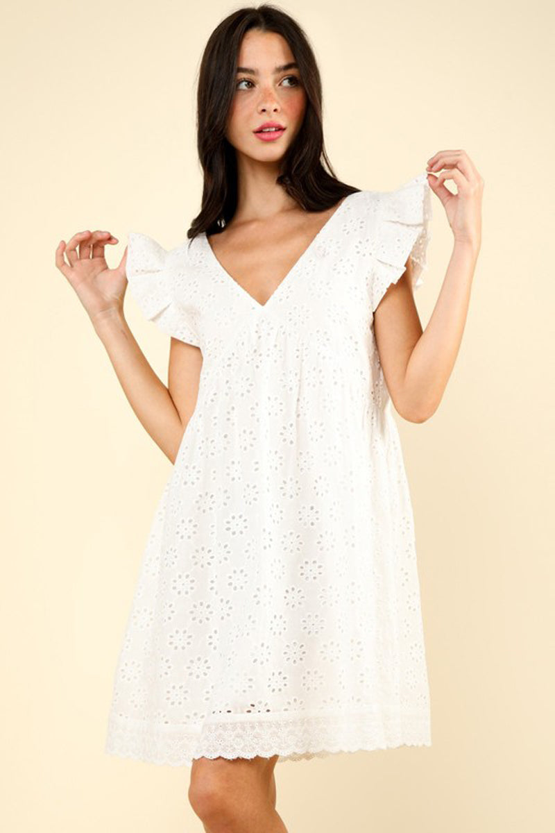 Lucia | Perforated Mini Dress with Ruffled Sleeves