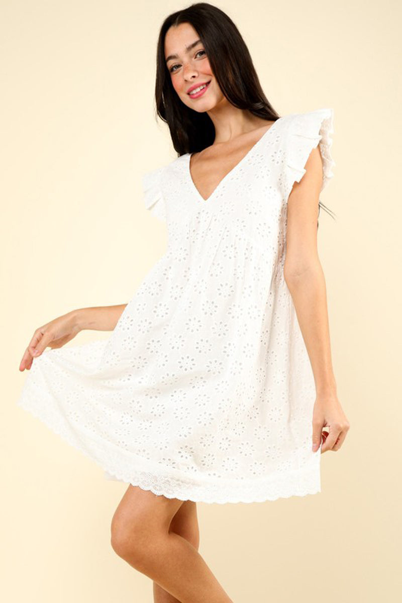 Lucia | Perforated Mini Dress with Ruffled Sleeves