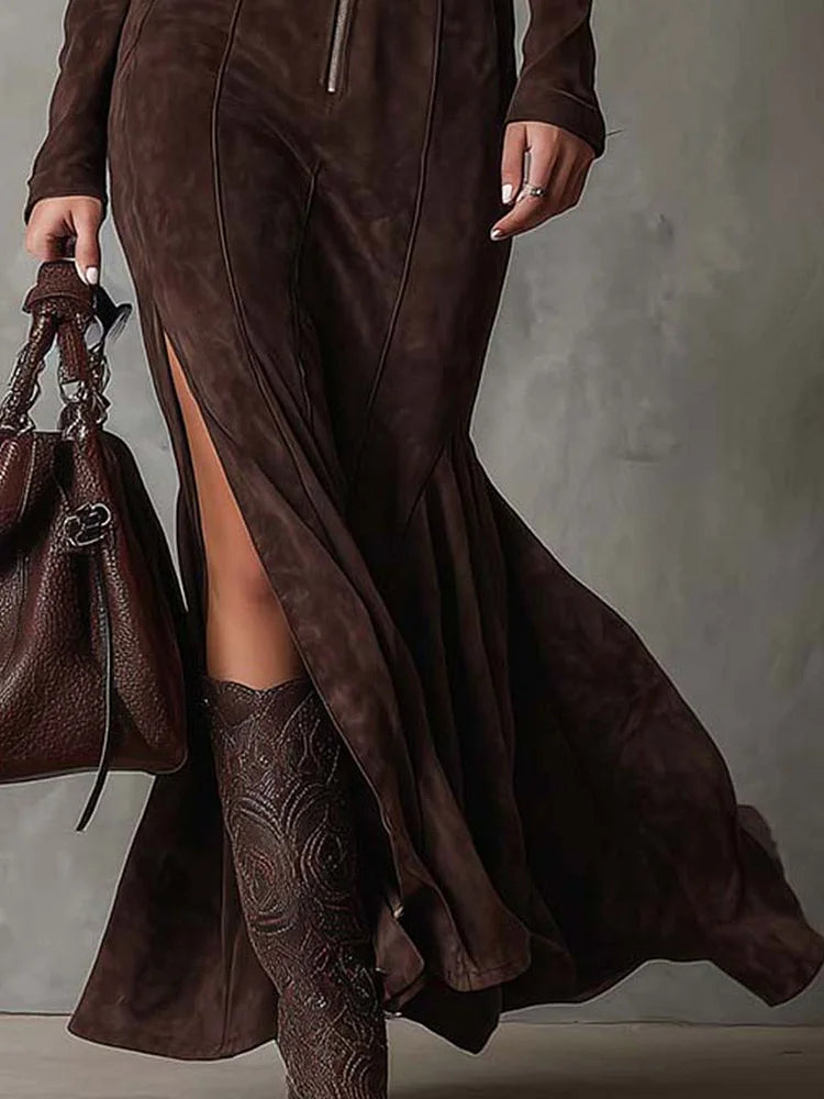 Agnesa | Brown Belted Maxi Dress with Side Slit