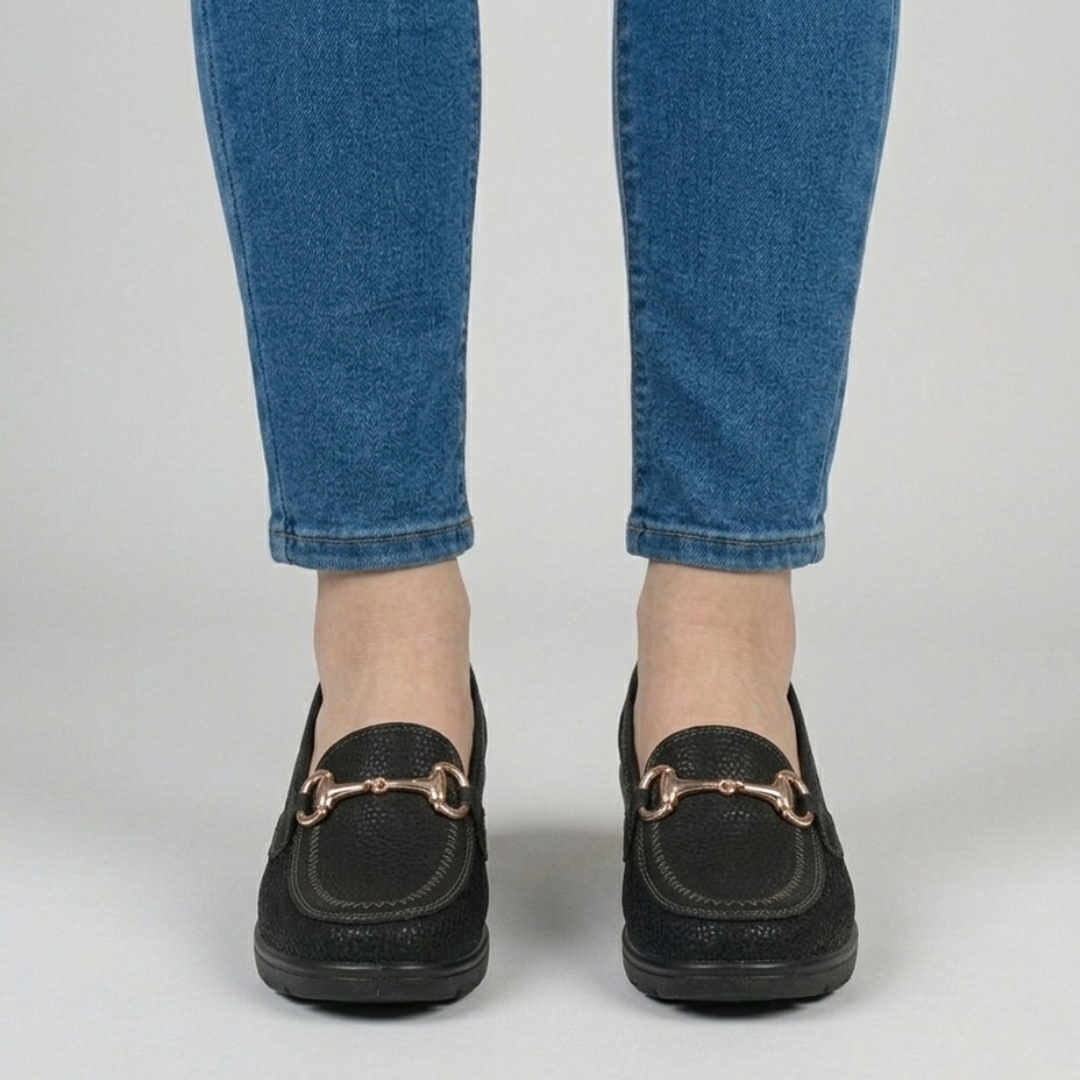 Beige and Black Heeled Loafers