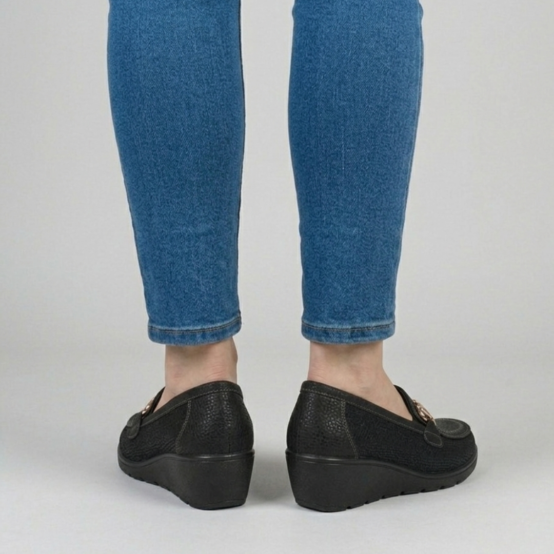 Beige and Black Heeled Loafers