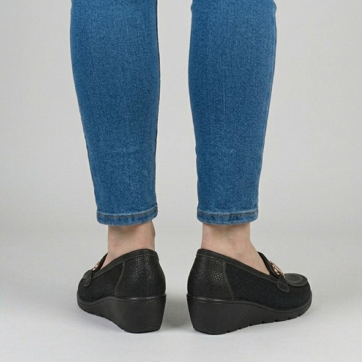 Beige and Black Heeled Loafers