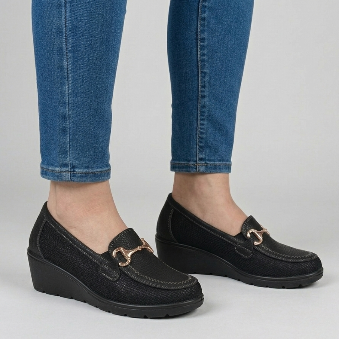 Beige and Black Heeled Loafers