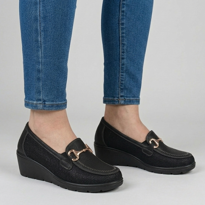Beige and Black Heeled Loafers