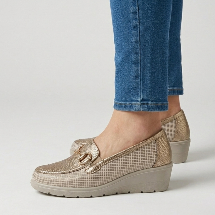 Beige and Black Heeled Loafers