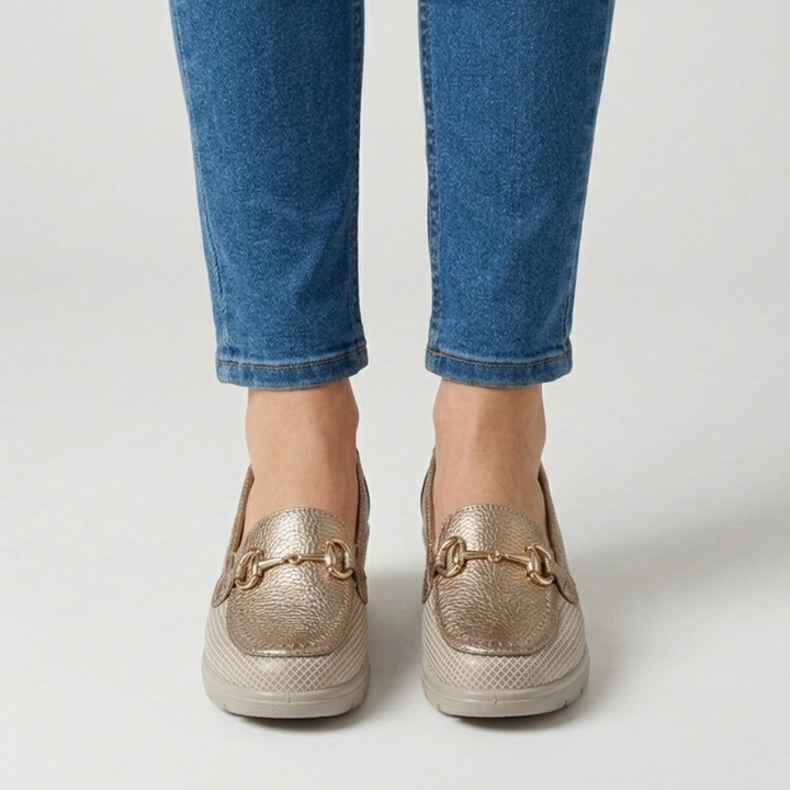 Beige and Black Heeled Loafers