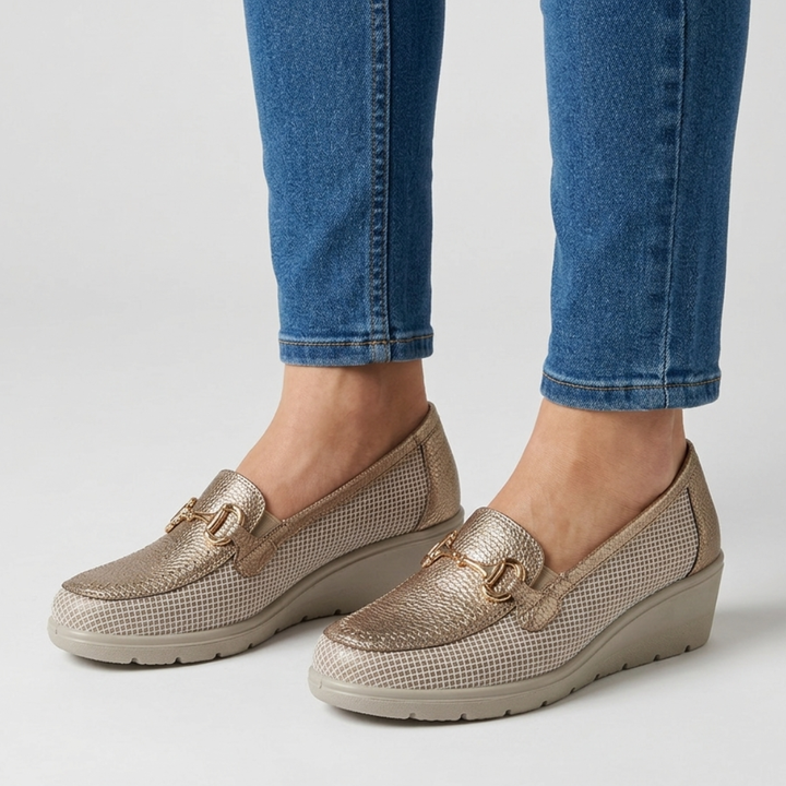 Beige and Black Heeled Loafers