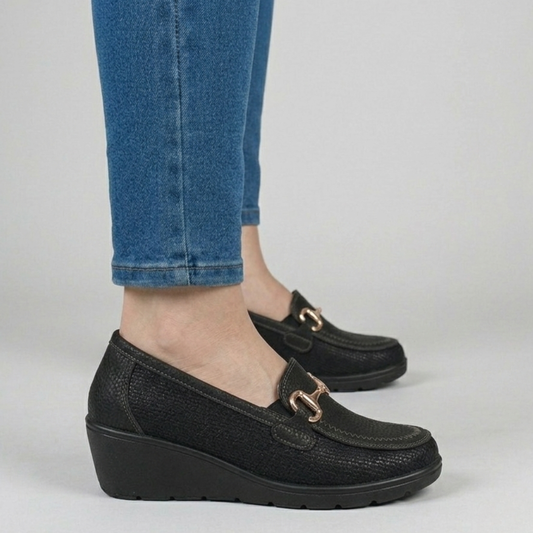Beige and Black Heeled Loafers