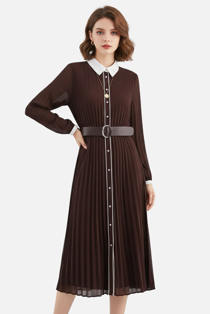 Gizela | Collared Pleated Midi Dress in Airy Fabric