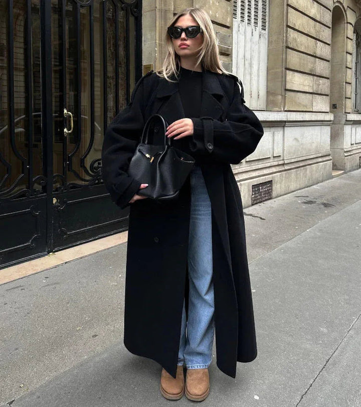 Double-Breasted Long Wool Blend Coat for Women