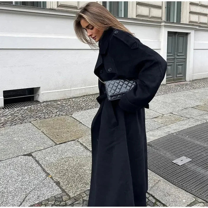 Double-Breasted Long Wool Blend Coat for Women