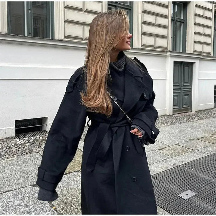 Double-Breasted Long Wool Blend Coat for Women