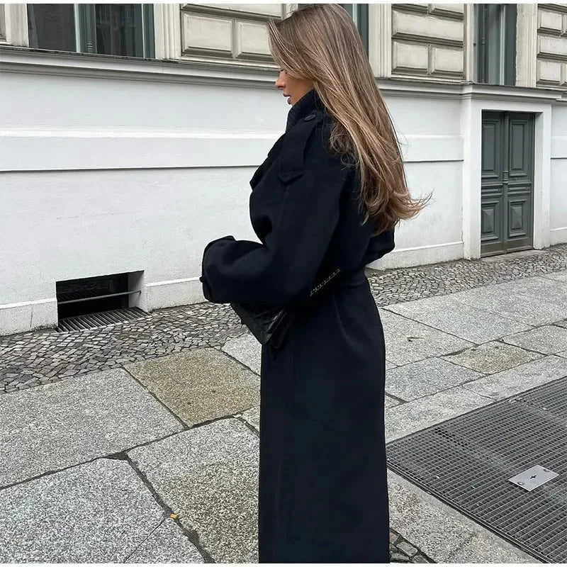 Double-Breasted Long Wool Blend Coat for Women