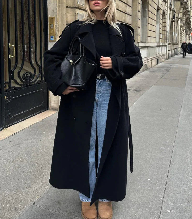 Double-Breasted Long Wool Blend Coat for Women