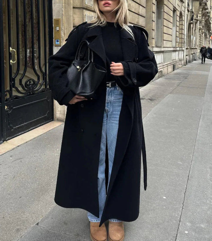 Double-Breasted Long Wool Blend Coat for Women