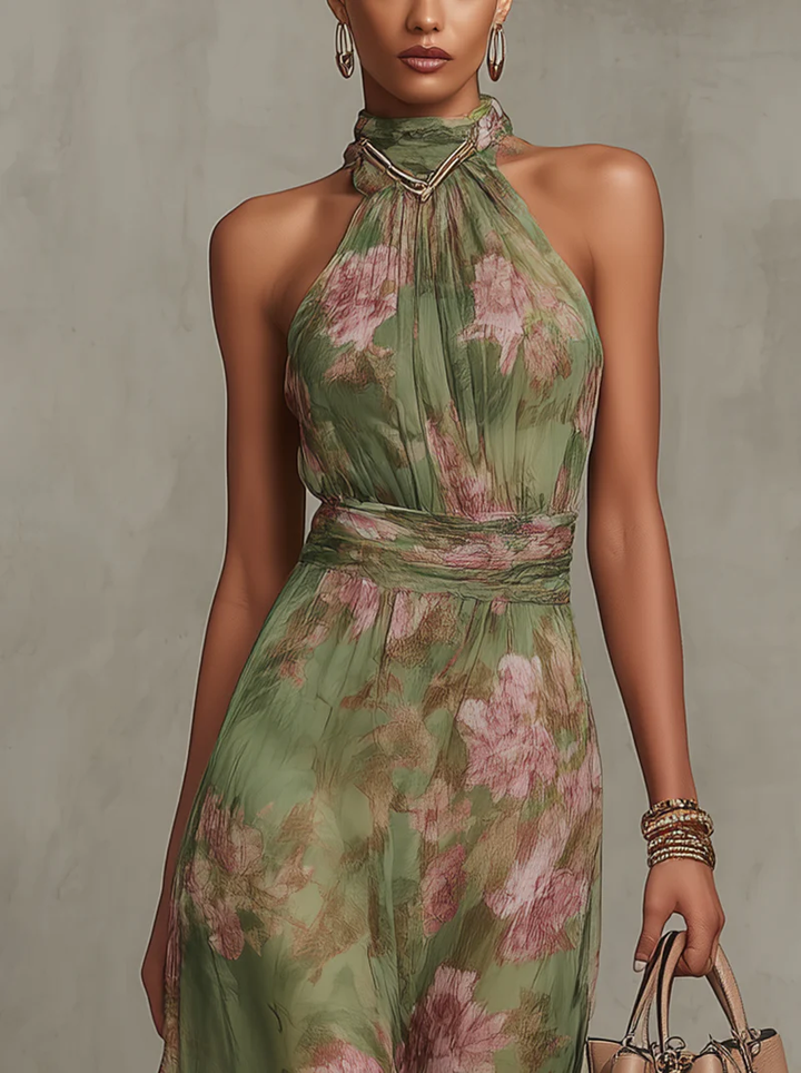 Livia™ | Elegant Floral Maxi Dress with Halter Neckline