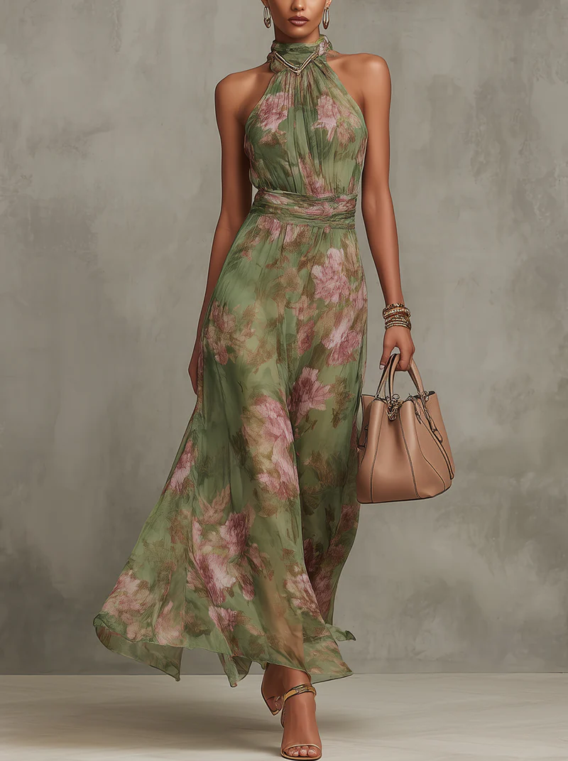 Livia™ | Elegant Floral Maxi Dress with Halter Neckline