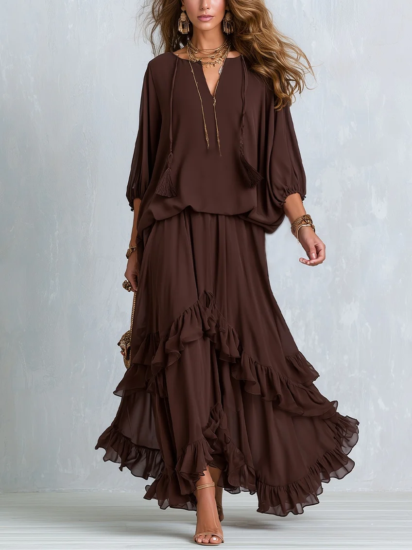 Brown Ensemble Featuring a Frilled Skirt and Tassel Top