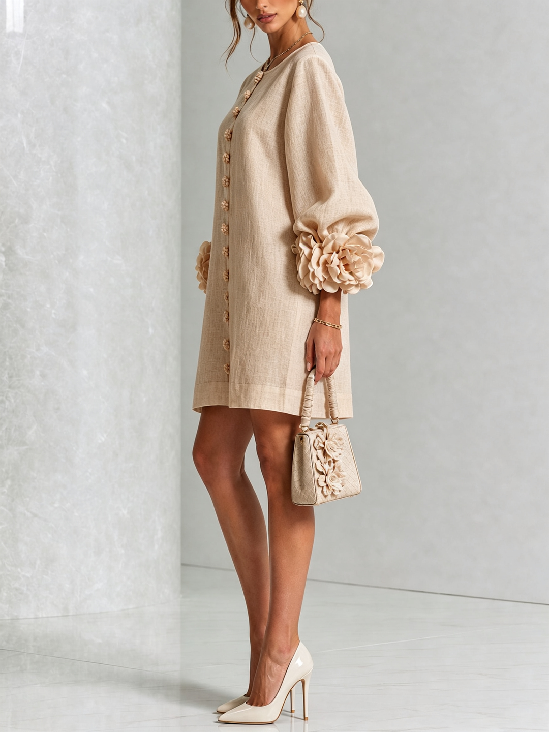Ambra | Linen Blend Mini Dress Featuring Pink Cuffs