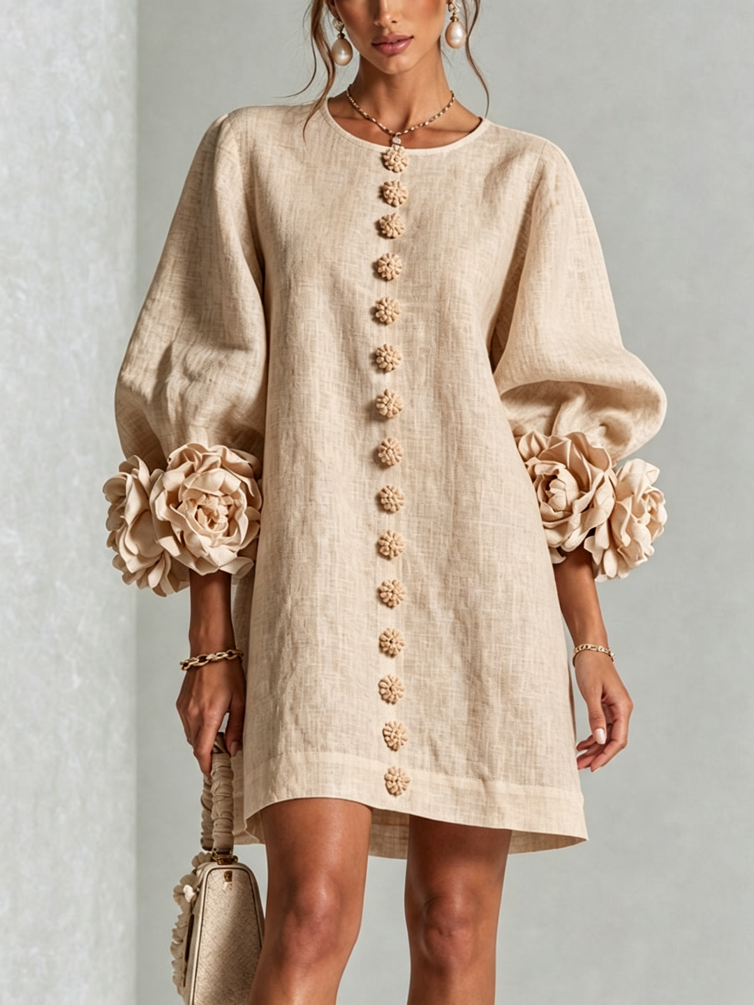 Ambra | Linen Blend Mini Dress Featuring Pink Cuffs