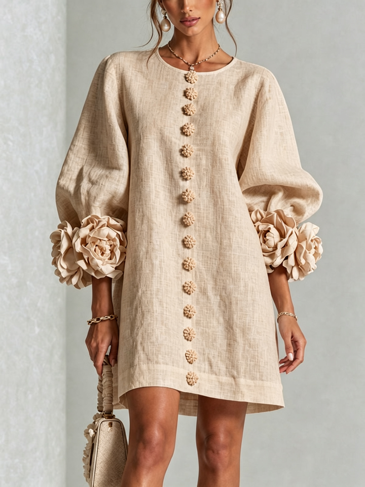 Ambra | Linen Blend Mini Dress Featuring Pink Cuffs