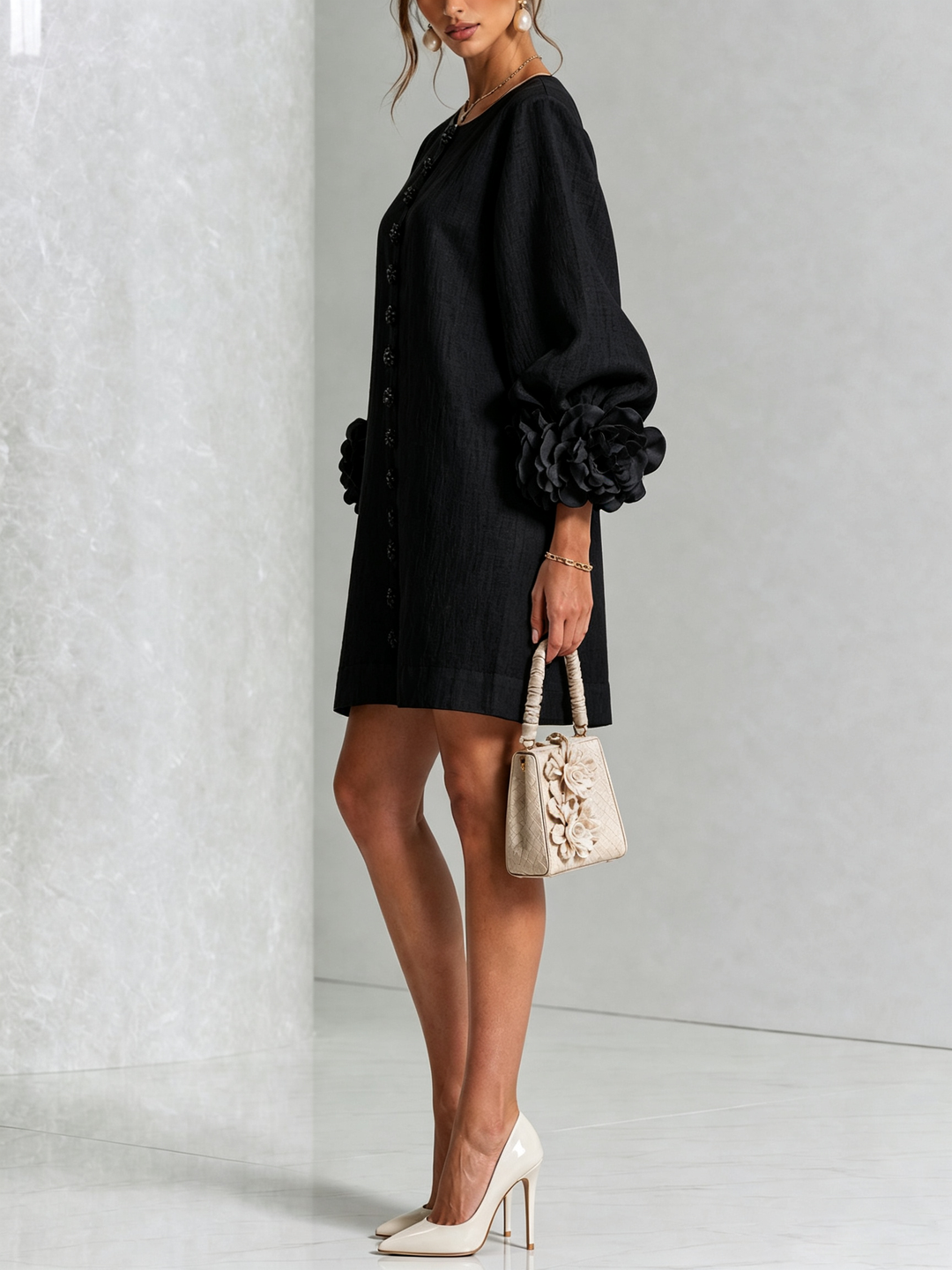 Cecilia | Black Mini Dress with Pink Linen Blend Cuffs