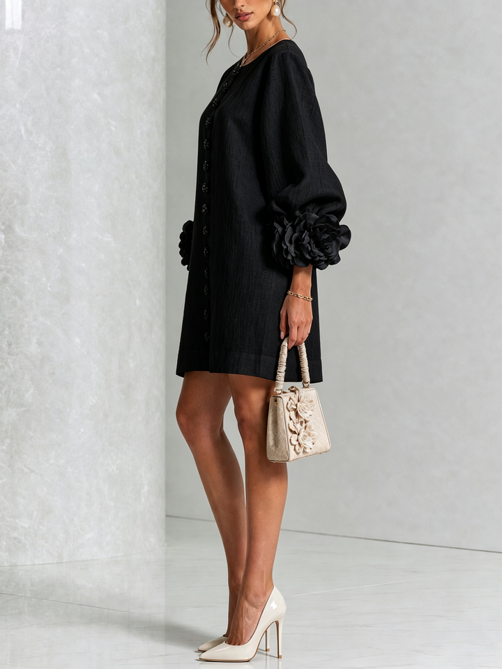 Cecilia | Black Mini Dress with Pink Linen Blend Cuffs
