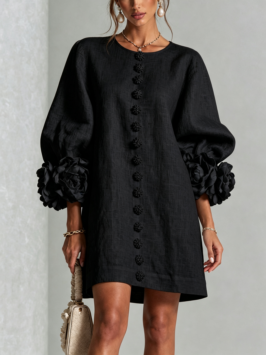 Cecilia | Black Mini Dress with Pink Linen Blend Cuffs