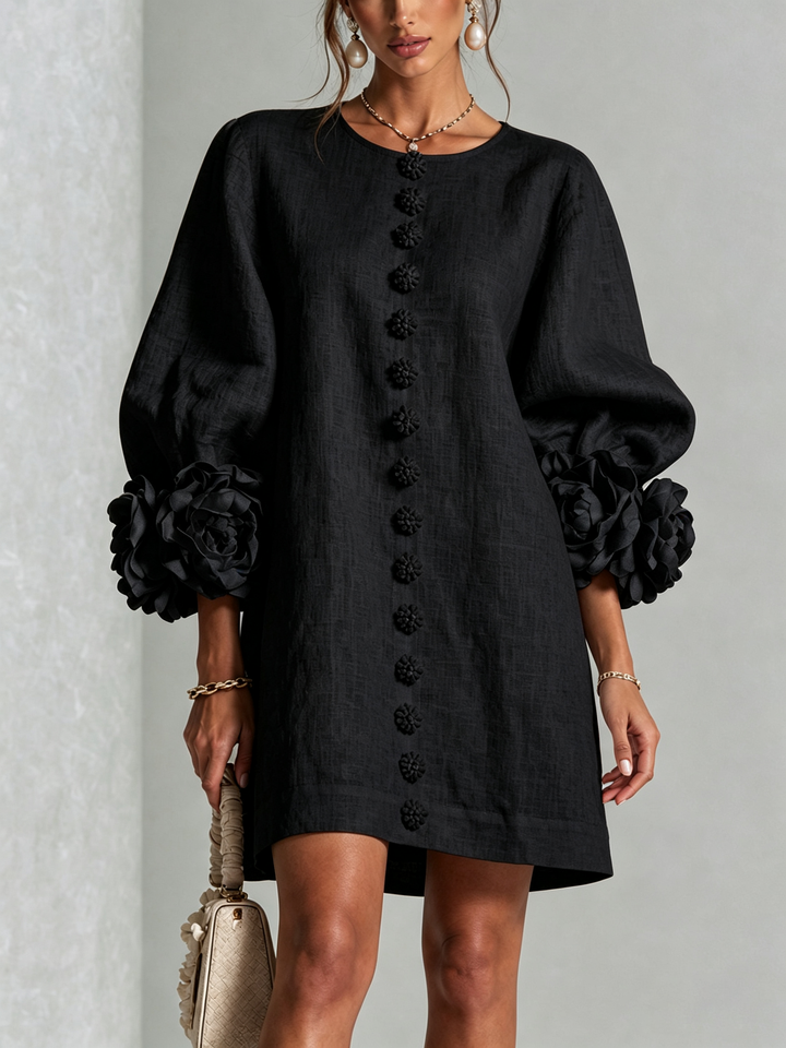 Cecilia | Black Mini Dress with Pink Linen Blend Cuffs