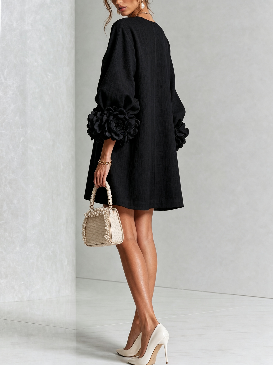 Cecilia | Black Mini Dress with Pink Linen Blend Cuffs