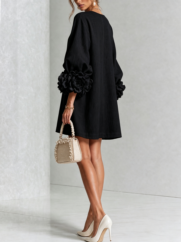 Cecilia | Black Mini Dress with Pink Linen Blend Cuffs