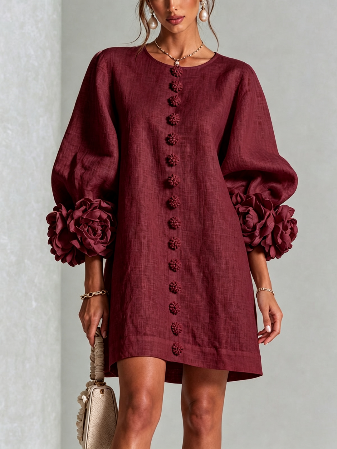 Ilaria | Burgundy Mini Dress with Pink Linen Blend Sleeves