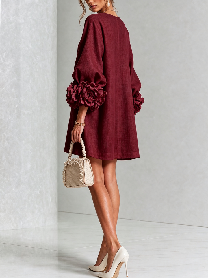 Ilaria | Burgundy Mini Dress with Pink Linen Blend Sleeves