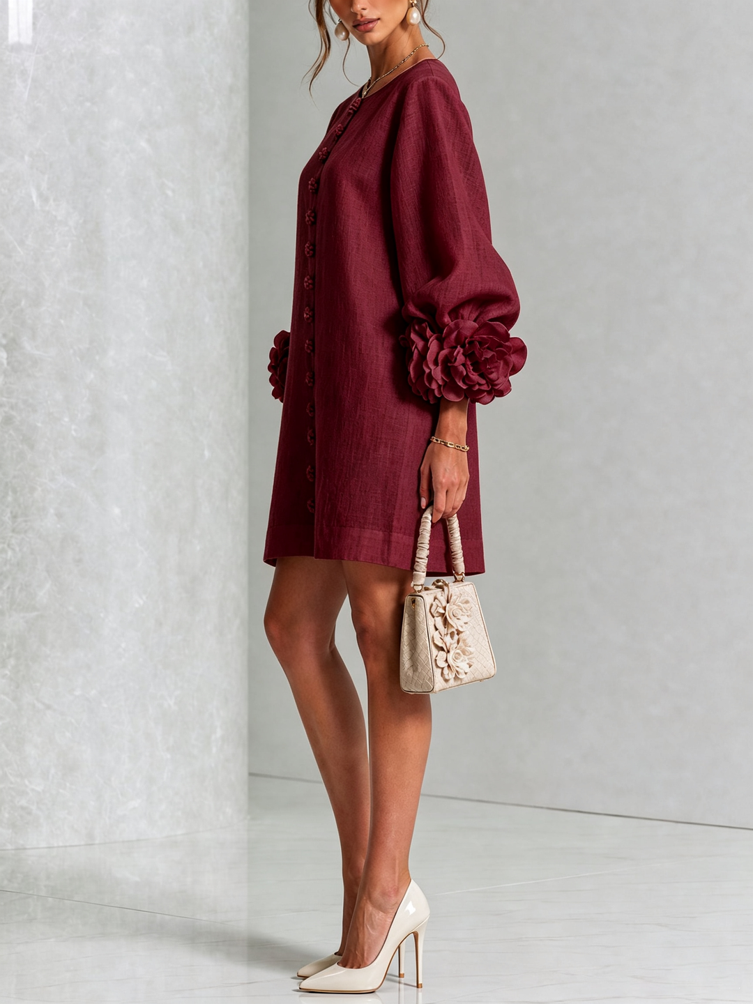 Ilaria | Burgundy Mini Dress with Pink Linen Blend Sleeves
