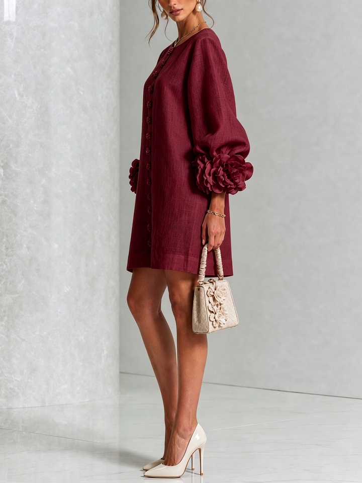 Ilaria | Burgundy Mini Dress with Pink Linen Blend Sleeves