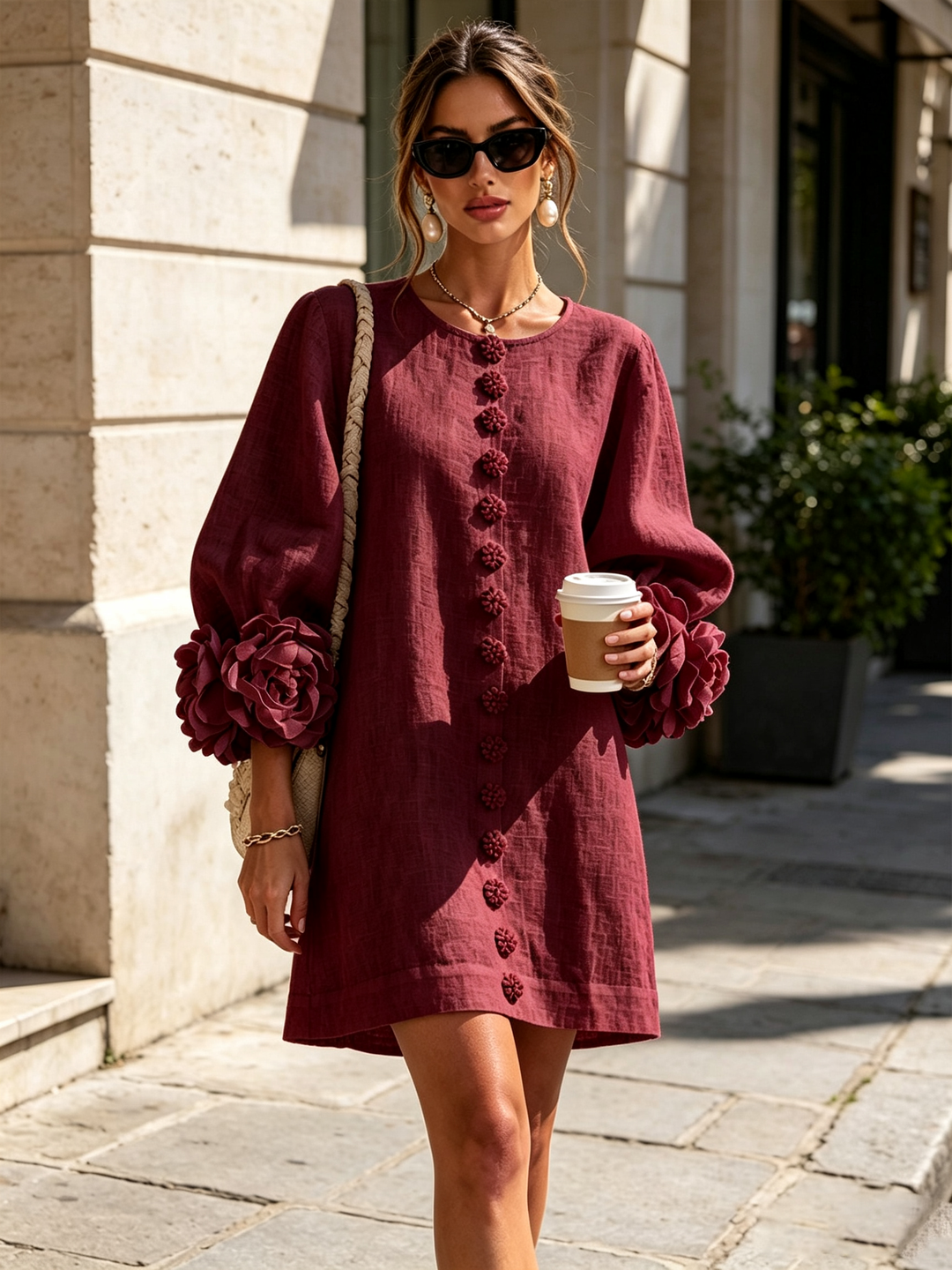 Ilaria | Burgundy Mini Dress with Pink Linen Blend Sleeves
