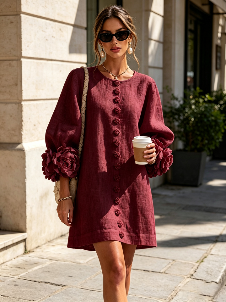 Ilaria | Burgundy Mini Dress with Pink Linen Blend Sleeves