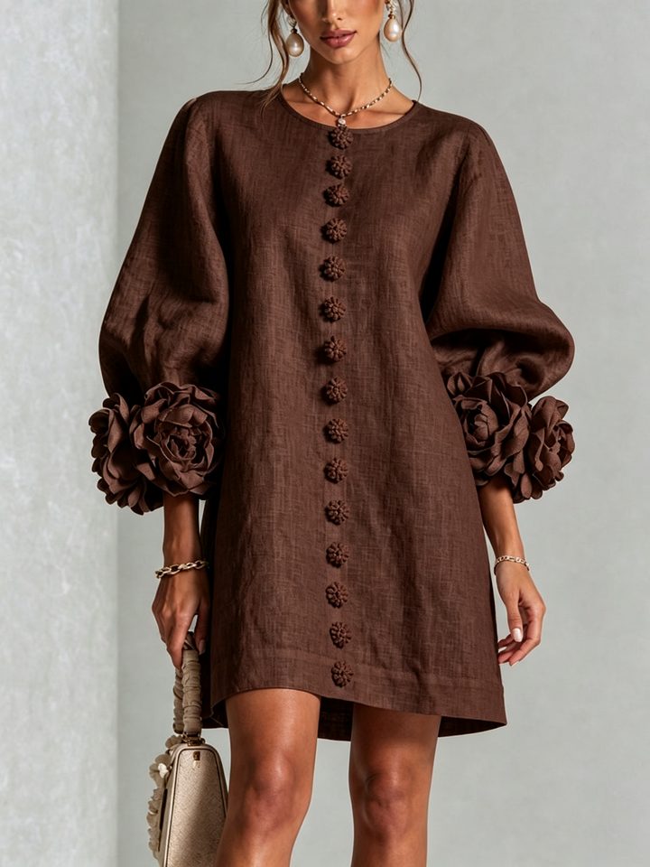 Bruna | Linen Blend Mini Dress with Pink Cuffs in Chocolate