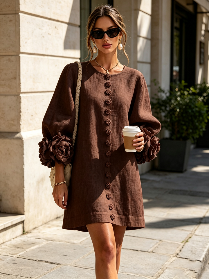 Bruna | Linen Blend Mini Dress with Pink Cuffs in Chocolate