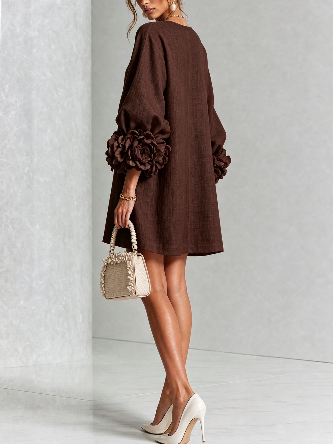 Bruna | Linen Blend Mini Dress with Pink Cuffs in Chocolate